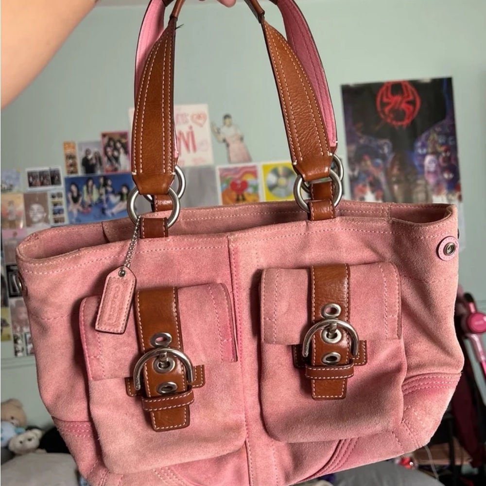 vintage coach soho double pocket satchel in pink suede